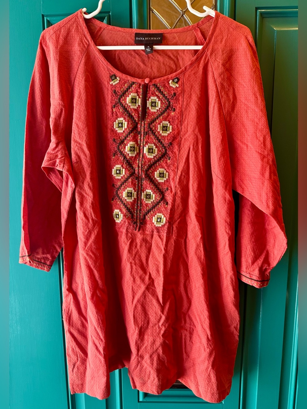 Dana Buchman Coral Red Embroidered Geometric Tunic Top Size XL